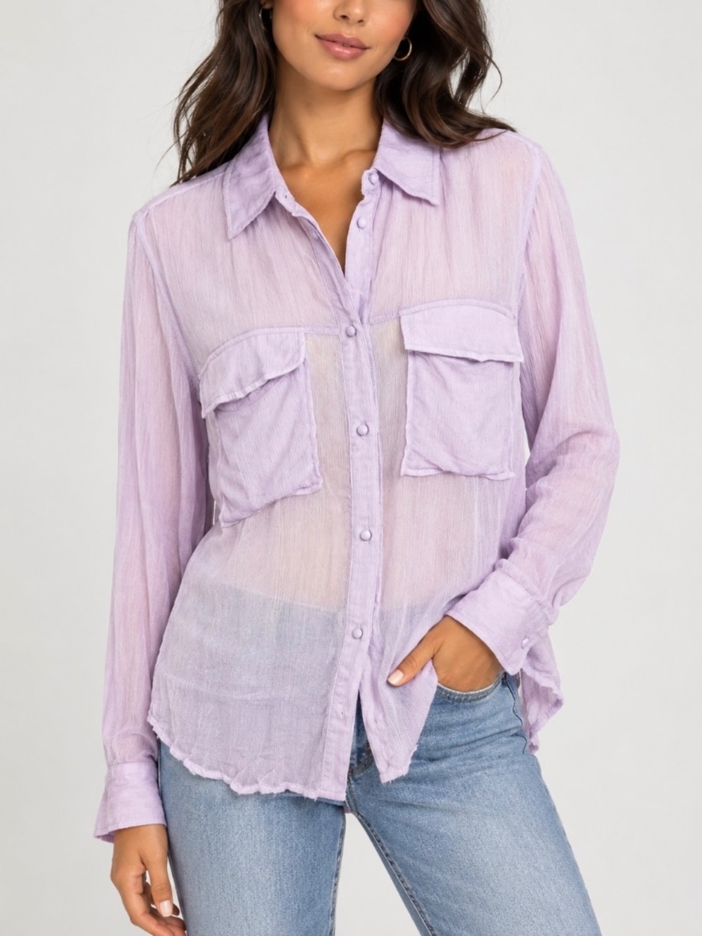 Third Form NWD Women's Sz 8 US Lilac Sheer Love Crinkle Button Down Shirt Blouse